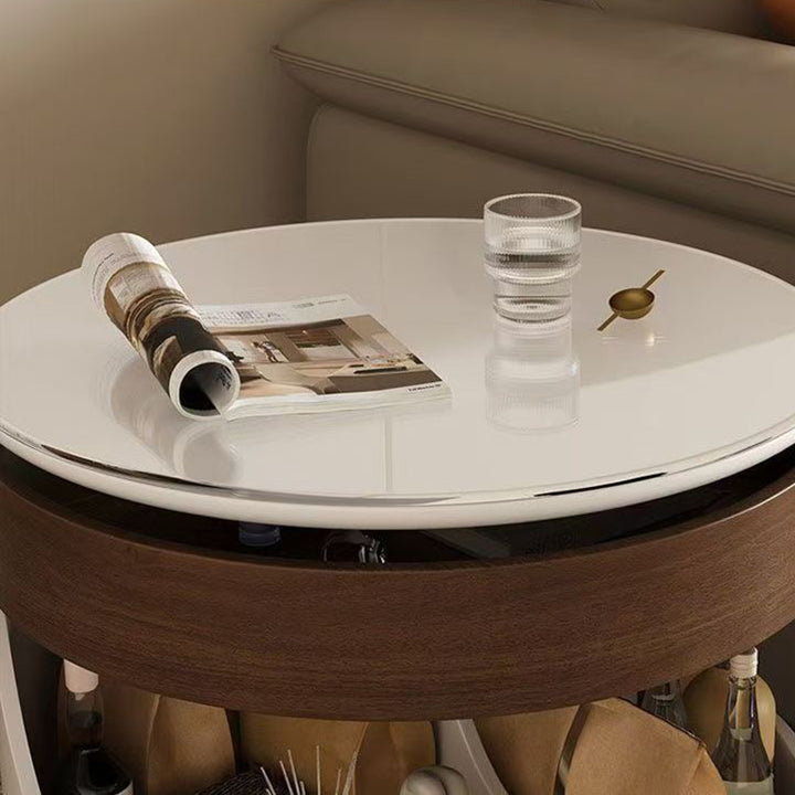 Contemporary Scandinavian Sintered Stone Engineered Wood Metal Movable Round Curved Coffee Table 3-Tier For Living Room