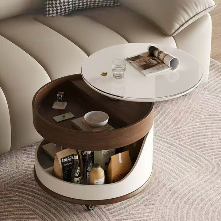 Contemporary Scandinavian Sintered Stone Engineered Wood Metal Movable Round Curved Coffee Table 3-Tier For Living Room