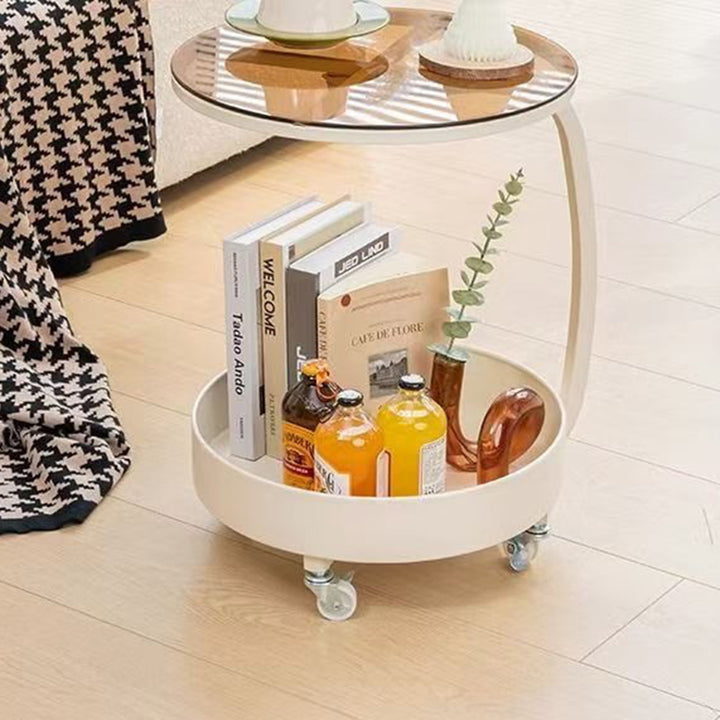 Contemporary Creative Glass MDF Iron Movable Round Side Table 2-Tier For Living Room