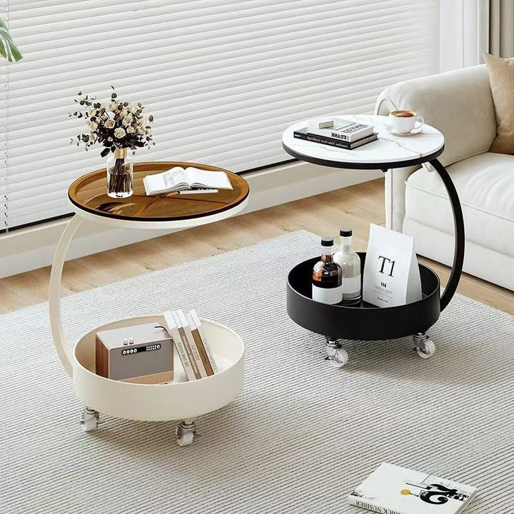 Contemporary Creative Glass MDF Iron Movable Round Side Table 2-Tier For Living Room