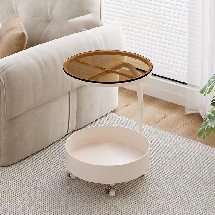 Contemporary Creative Glass MDF Iron Movable Round Side Table 2-Tier For Living Room
