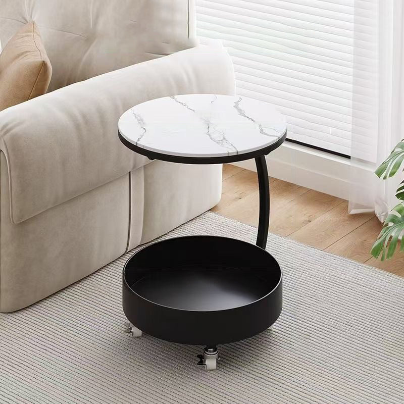 Contemporary Creative Glass MDF Iron Movable Round Side Table 2-Tier For Living Room