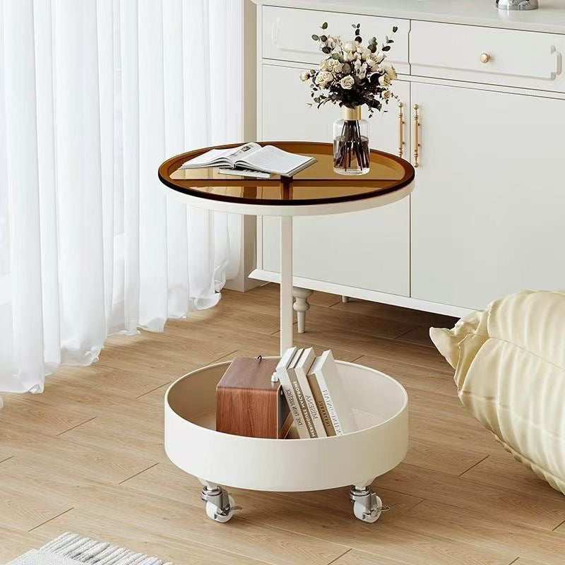Contemporary Creative Glass MDF Iron Movable Round Side Table 2-Tier For Living Room