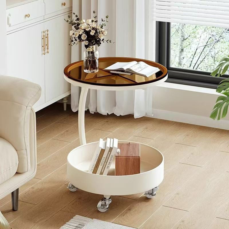 Contemporary Creative Glass MDF Iron Movable Round Side Table 2-Tier For Living Room