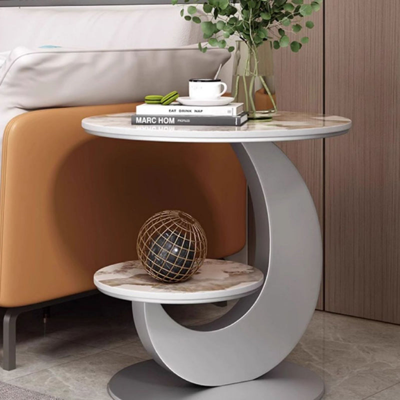 Table basse ronde incurvée à 2 niveaux en pierre frittée de luxe moderne, bois d&