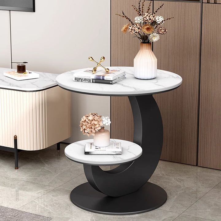 Modern Luxury Sintered Stone Iron Round Curved Coffee Table 2-Tier For Living Room