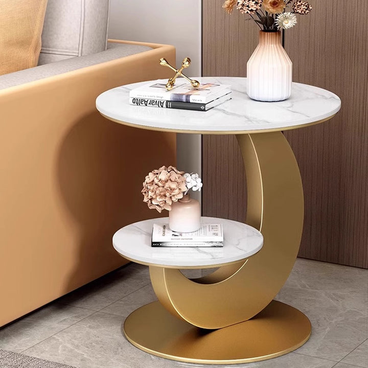 Modern Luxury Sintered Stone Iron Round Curved Coffee Table 2-Tier For Living Room