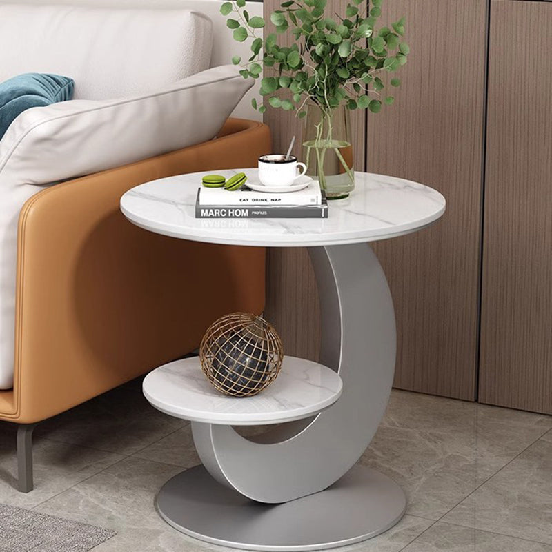 Table basse ronde incurvée à 2 niveaux en pierre frittée de luxe moderne, bois d&