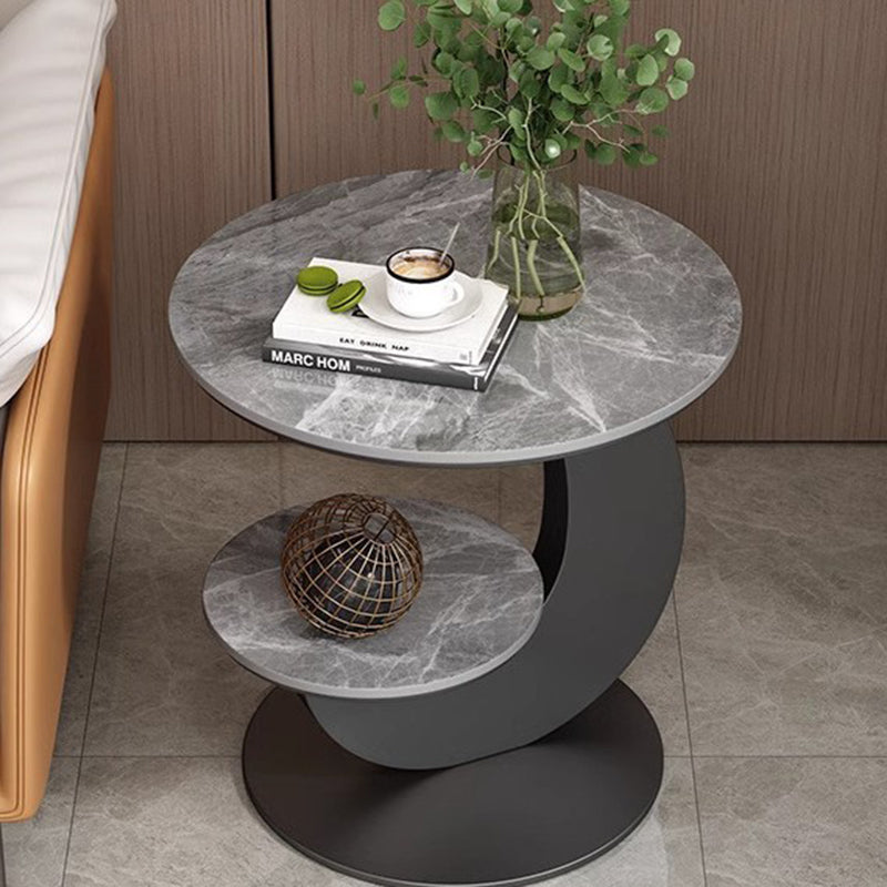 Table basse ronde incurvée à 2 niveaux en pierre frittée de luxe moderne, bois d&