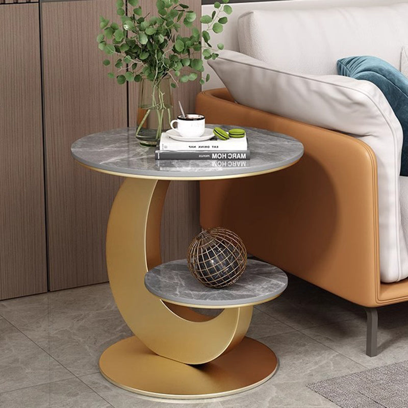 Table basse ronde incurvée à 2 niveaux en pierre frittée de luxe moderne, bois d&