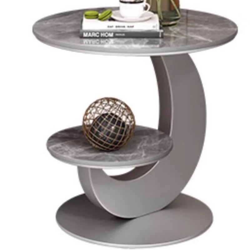 Table basse ronde incurvée à 2 niveaux en pierre frittée de luxe moderne, bois d&
