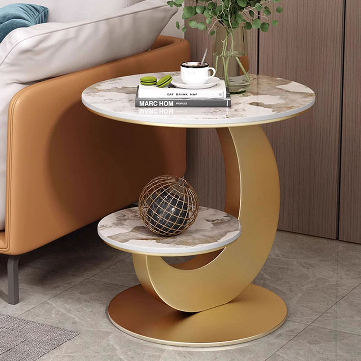 Table basse ronde incurvée à 2 niveaux en pierre frittée de luxe moderne, bois d&