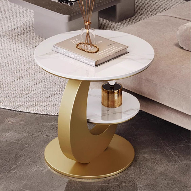 Table basse ronde incurvée à 2 niveaux en pierre frittée de luxe moderne, bois d&