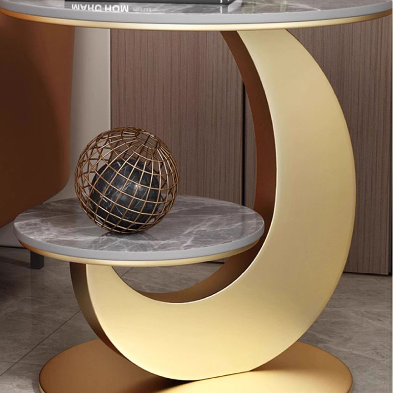 Table basse ronde incurvée à 2 niveaux en pierre frittée de luxe moderne, bois d&