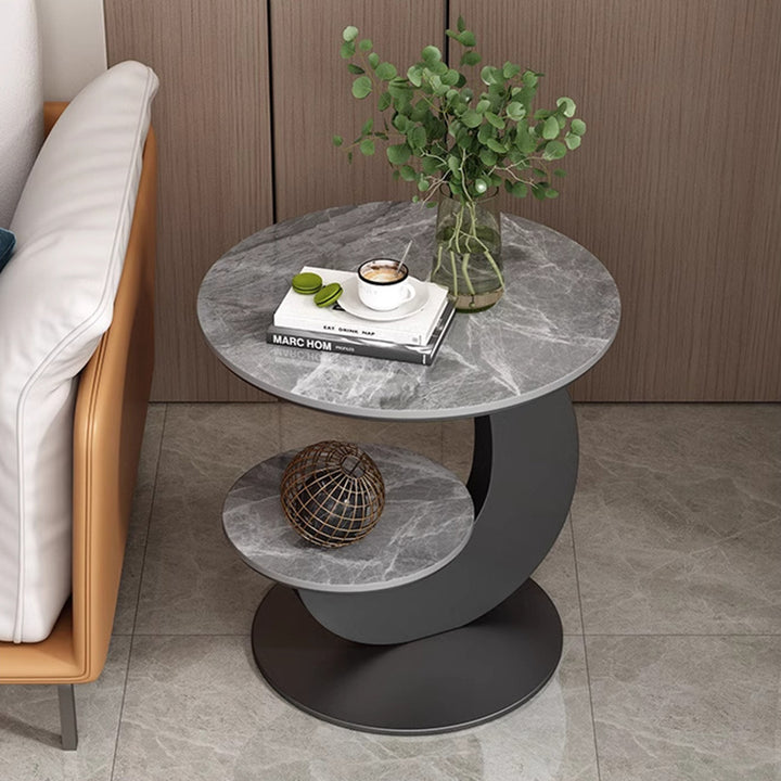 Table basse ronde incurvée à 2 niveaux en pierre frittée de luxe moderne, bois d&