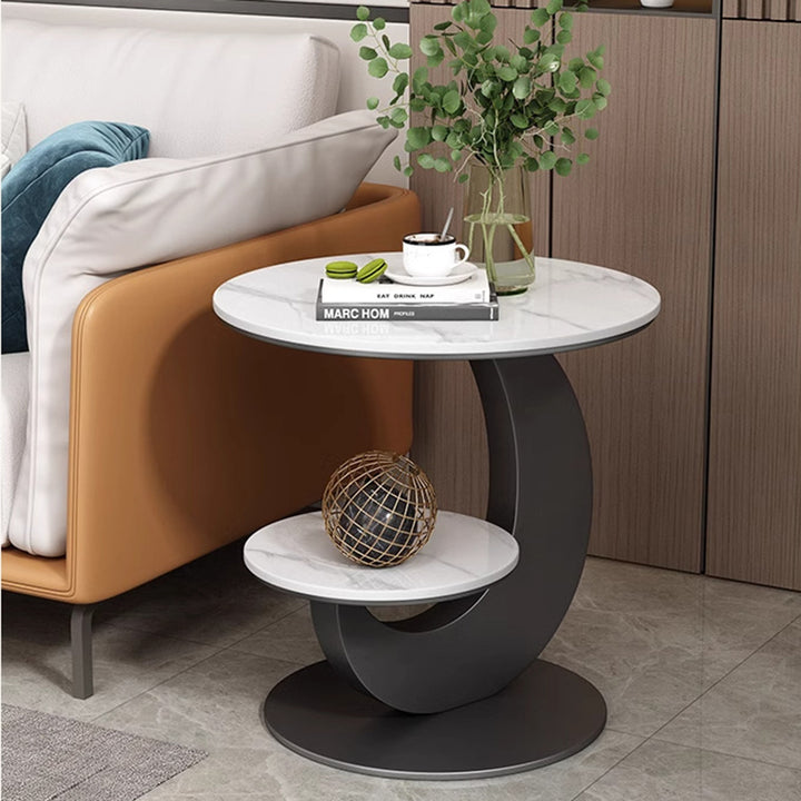 Table basse ronde incurvée à 2 niveaux en pierre frittée de luxe moderne, bois d&
