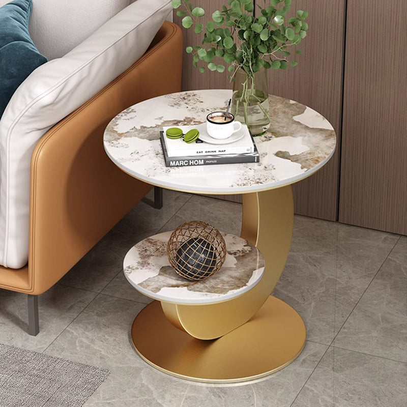Table basse ronde incurvée à 2 niveaux en pierre frittée de luxe moderne, bois d&