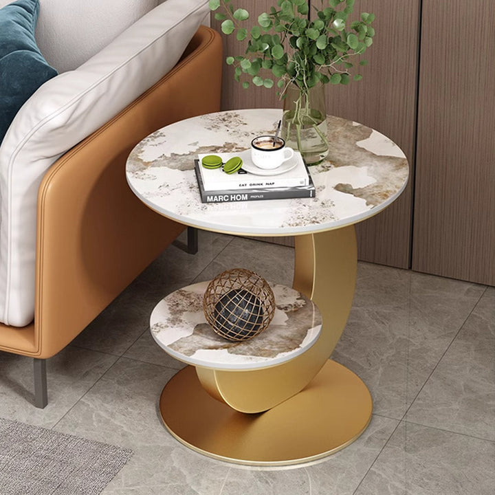 Table basse ronde incurvée à 2 niveaux en pierre frittée de luxe moderne, bois d&