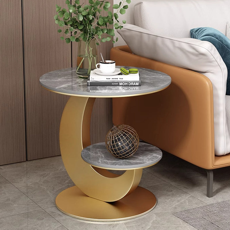 Table basse ronde incurvée à 2 niveaux en pierre frittée de luxe moderne, bois d&