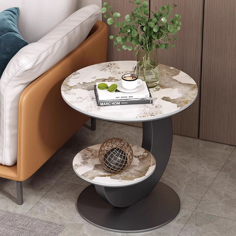 Table basse ronde incurvée à 2 niveaux en pierre frittée de luxe moderne, bois d&
