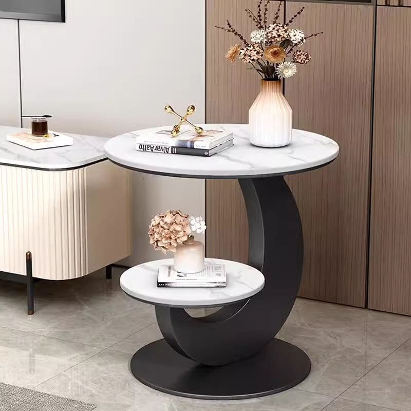 Table basse ronde incurvée à 2 niveaux en pierre frittée de luxe moderne, bois d&