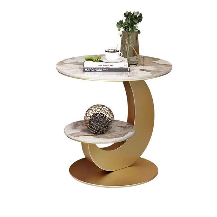 Table basse ronde incurvée à 2 niveaux en pierre frittée de luxe moderne, bois d&