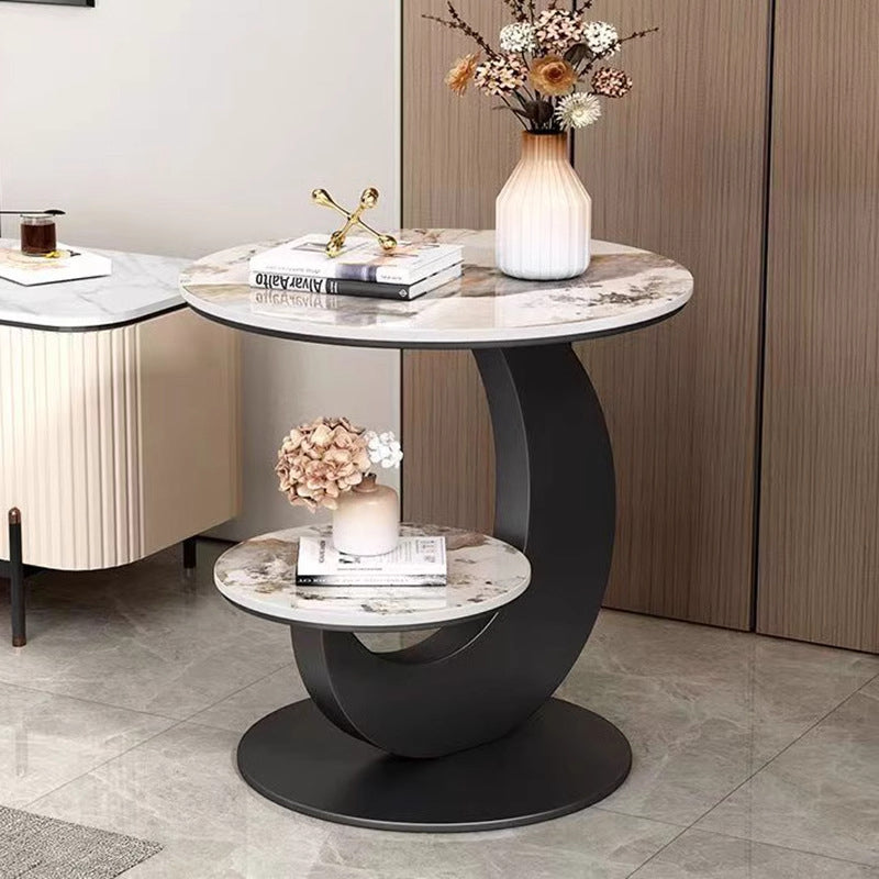 Table basse ronde incurvée à 2 niveaux en pierre frittée de luxe moderne, bois d&