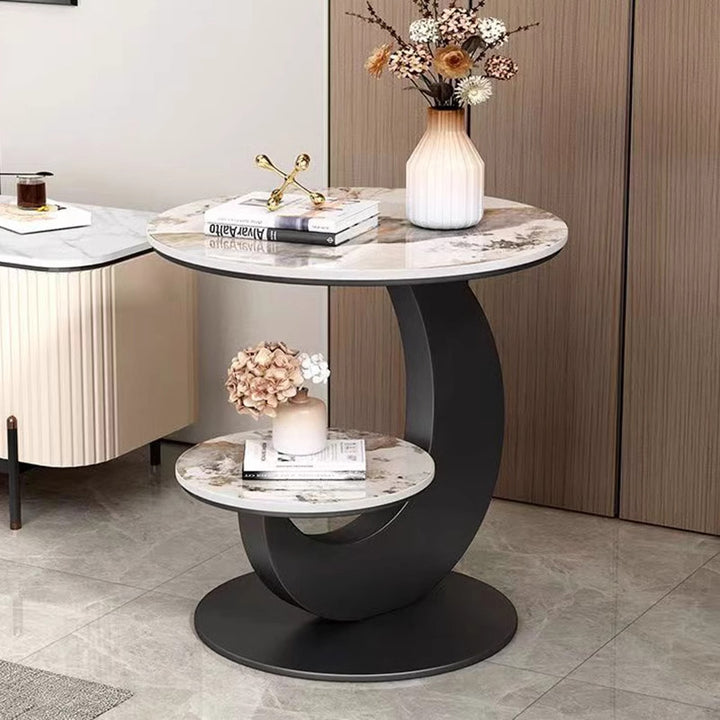 Table basse ronde incurvée à 2 niveaux en pierre frittée de luxe moderne, bois d&