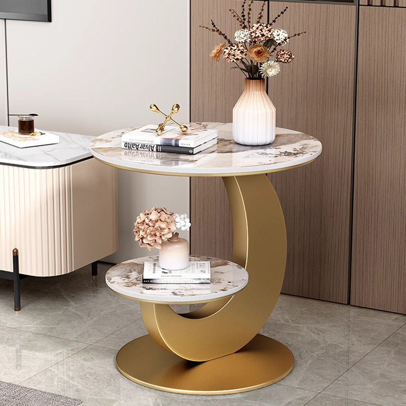 Table basse ronde incurvée à 2 niveaux en pierre frittée de luxe moderne, bois d&
