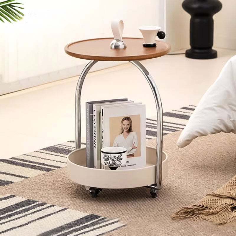 Modern Minimalist Metal Wood Round Curved Movable Side Table 2-Tier For Living Room