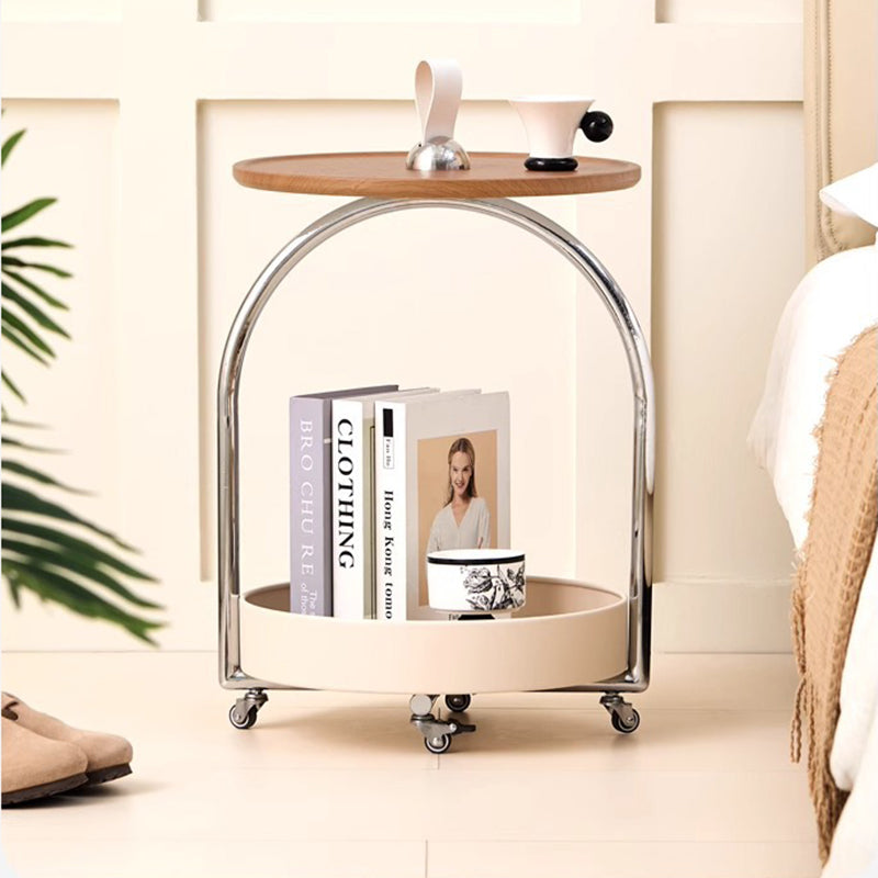 Modern Minimalist Metal Wood Round Curved Movable Side Table 2-Tier For Living Room