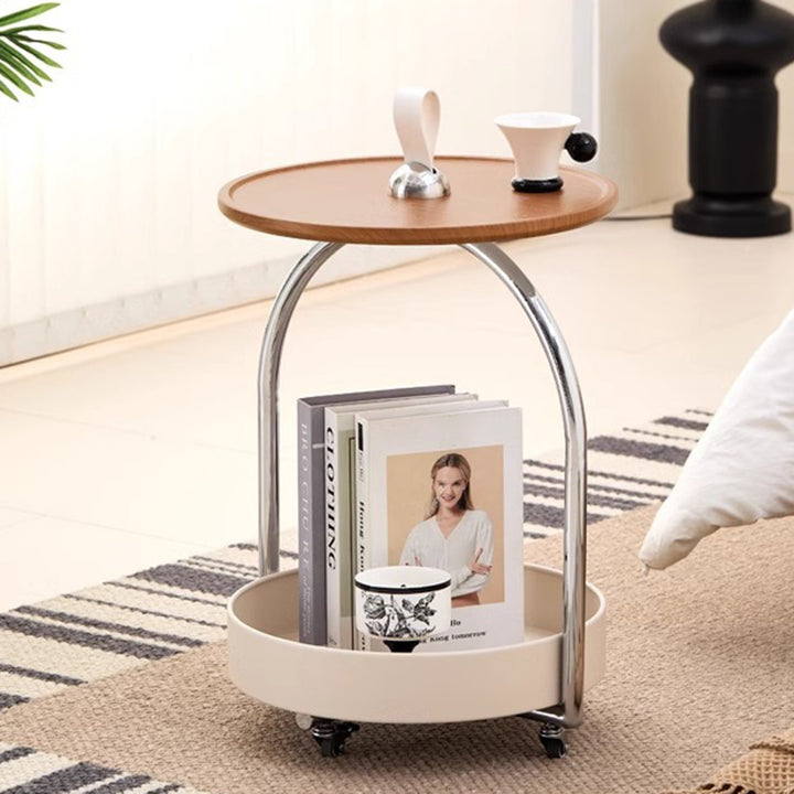 Modern Minimalist Metal Wood Round Curved Movable Side Table 2-Tier For Living Room