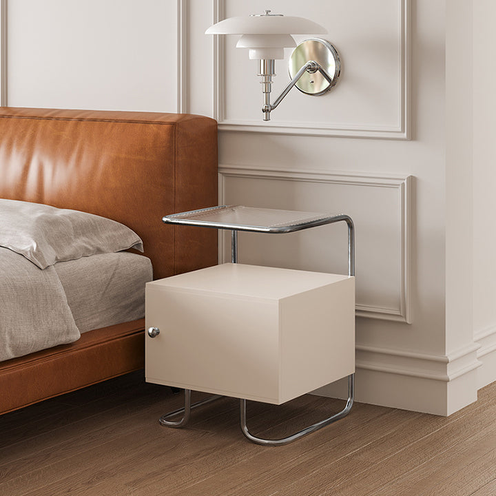 Modern Minimalist Acrylic Stainless Steel Solid Wood Curved Square Nightstand With 1-Cabinet For Bedroom