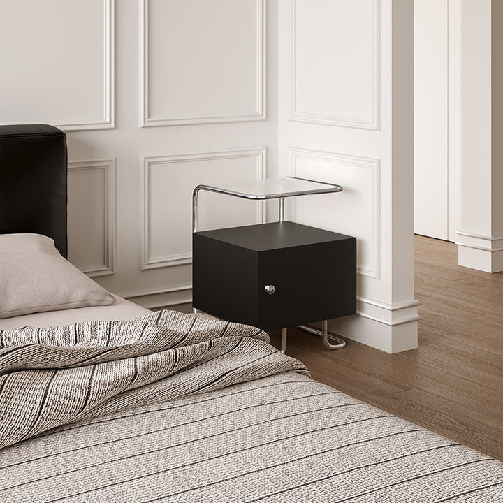 Modern Minimalist Acrylic Stainless Steel Solid Wood Curved Square Nightstand With 1-Cabinet For Bedroom