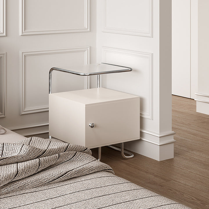 Modern Minimalist Acrylic Stainless Steel Solid Wood Curved Square Nightstand With 1-Cabinet For Bedroom