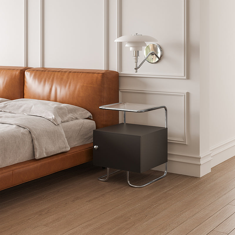 Modern Minimalist Acrylic Stainless Steel Solid Wood Curved Square Nightstand With 1-Cabinet For Bedroom