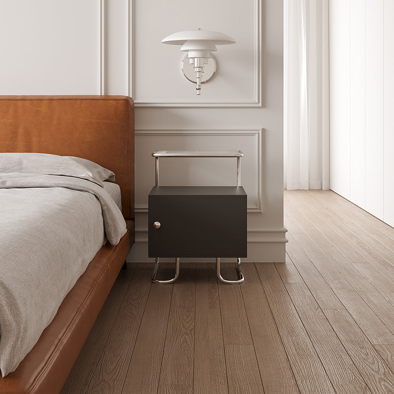 Modern Minimalist Acrylic Stainless Steel Solid Wood Curved Square Nightstand With 1-Cabinet For Bedroom