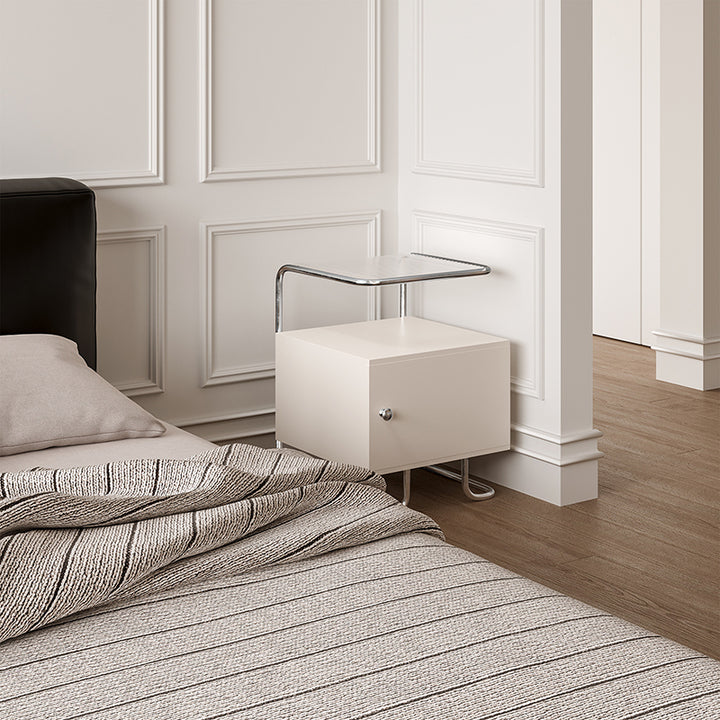 Modern Minimalist Acrylic Stainless Steel Solid Wood Curved Square Nightstand With 1-Cabinet For Bedroom