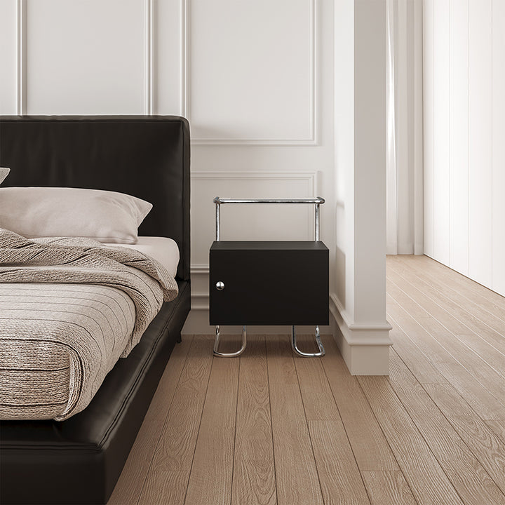 Modern Minimalist Acrylic Stainless Steel Solid Wood Curved Square Nightstand With 1-Cabinet For Bedroom