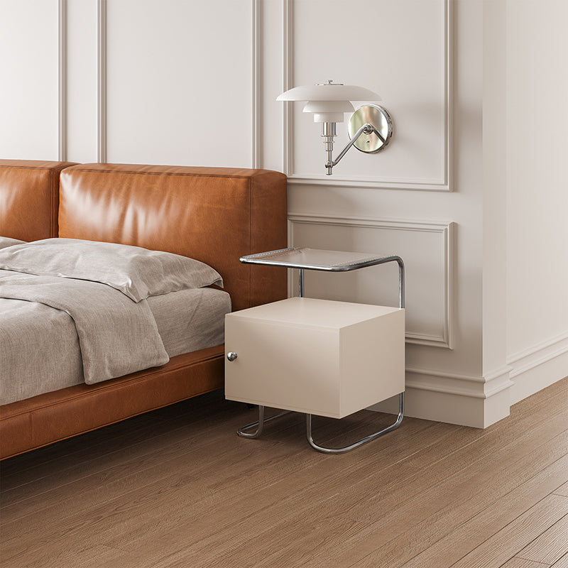 Modern Minimalist Acrylic Stainless Steel Solid Wood Curved Square Nightstand With 1-Cabinet For Bedroom