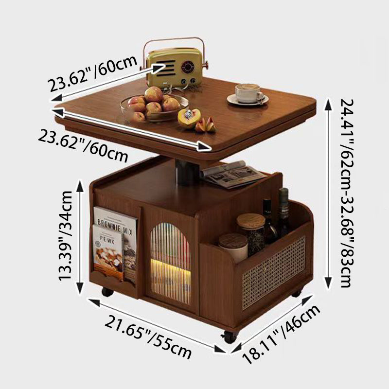 Traditional Vintage Solid Wood Glass Metal Rectangular Lift-Top Movable Coffee Table With 2 Tiers For Living Room