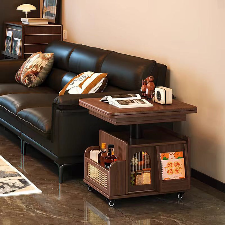 Traditional Vintage Solid Wood Glass Metal Rectangular Lift-Top Movable Coffee Table With 2 Tiers For Living Room