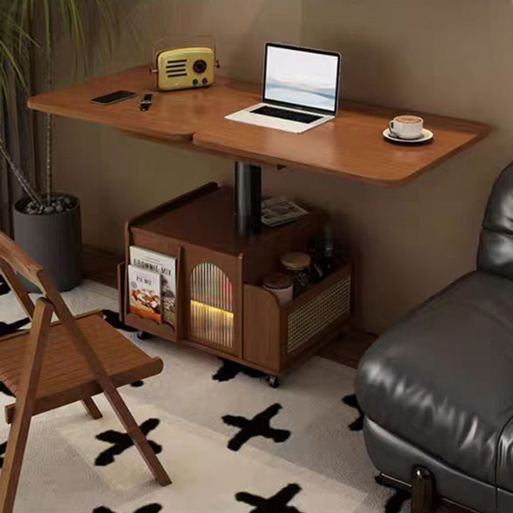 Traditional Vintage Solid Wood Glass Metal Rectangular Lift-Top Movable Coffee Table With 2 Tiers For Living Room