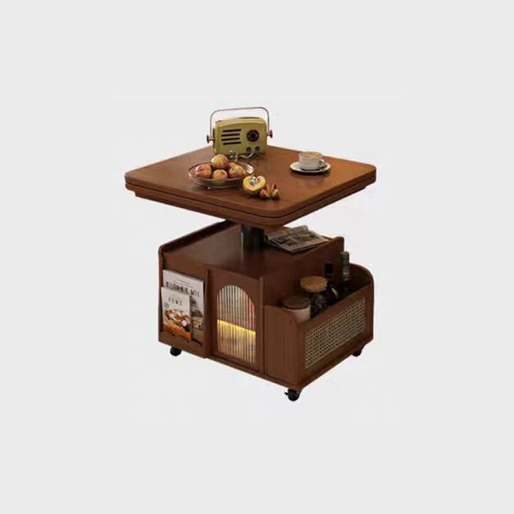 Traditional Vintage Solid Wood Glass Metal Rectangular Lift-Top Movable Coffee Table With 2 Tiers For Living Room