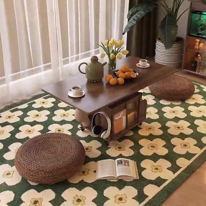 Traditional Vintage Solid Wood Glass Metal Rectangular Lift-Top Movable Coffee Table With 2 Tiers For Living Room
