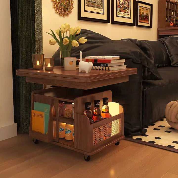 Traditional Vintage Solid Wood Glass Metal Rectangular Lift-Top Movable Coffee Table With 2 Tiers For Living Room