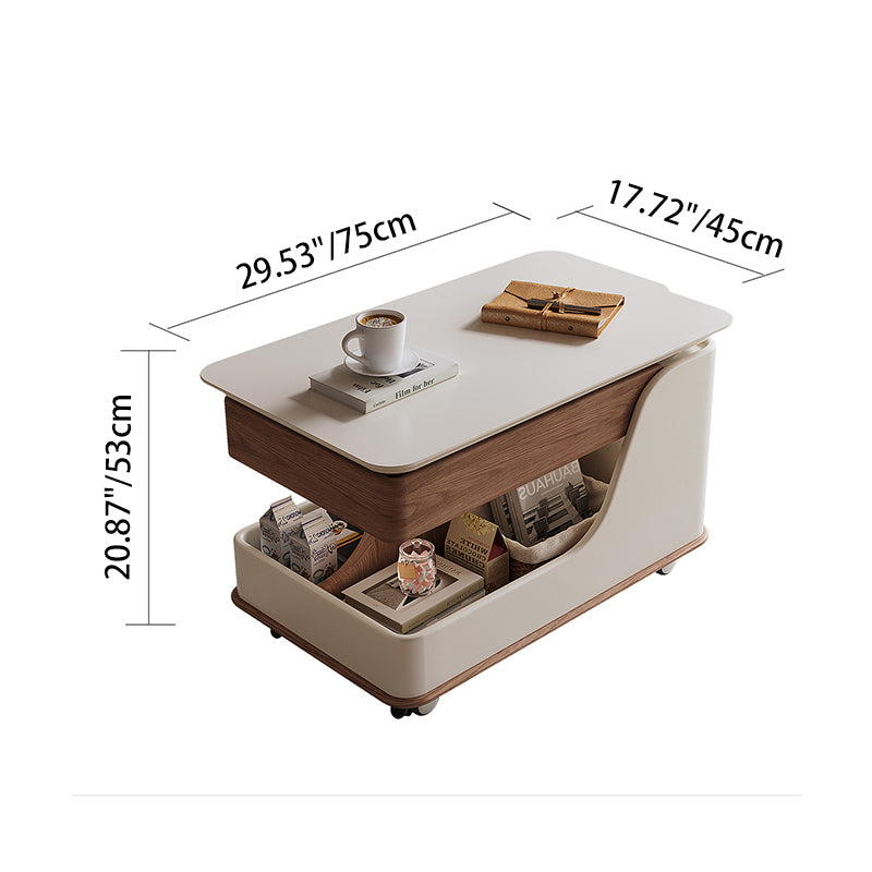 Table basse rectangulaire courbée à 3 niveaux avec plateau relevable, en pierre frittée contemporaine, verre, bois d&