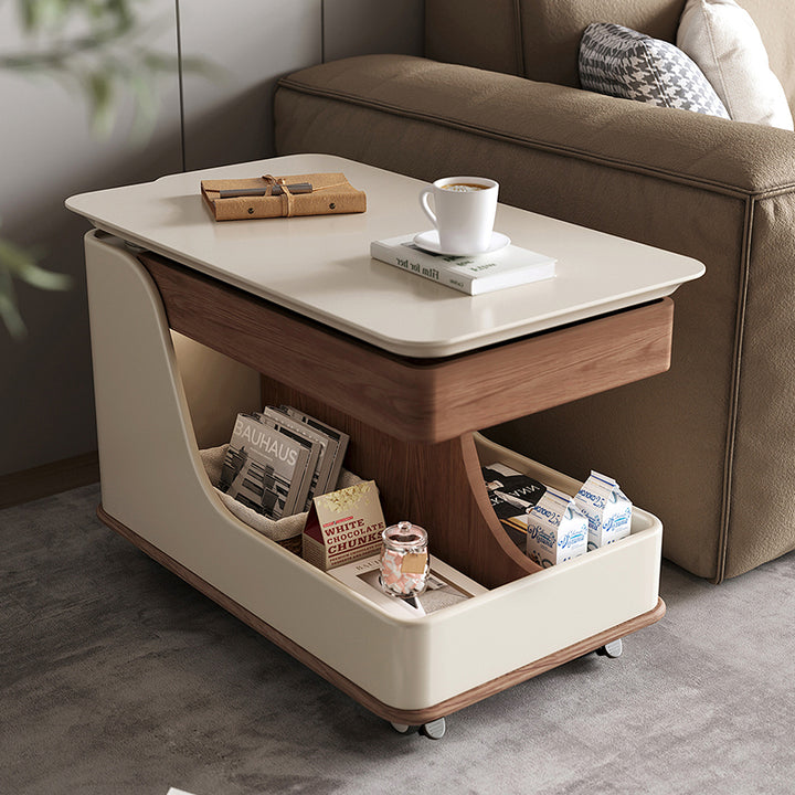Table basse rectangulaire courbée à 3 niveaux avec plateau relevable, en pierre frittée contemporaine, verre, bois d'ingénierie et métal, pour salon 