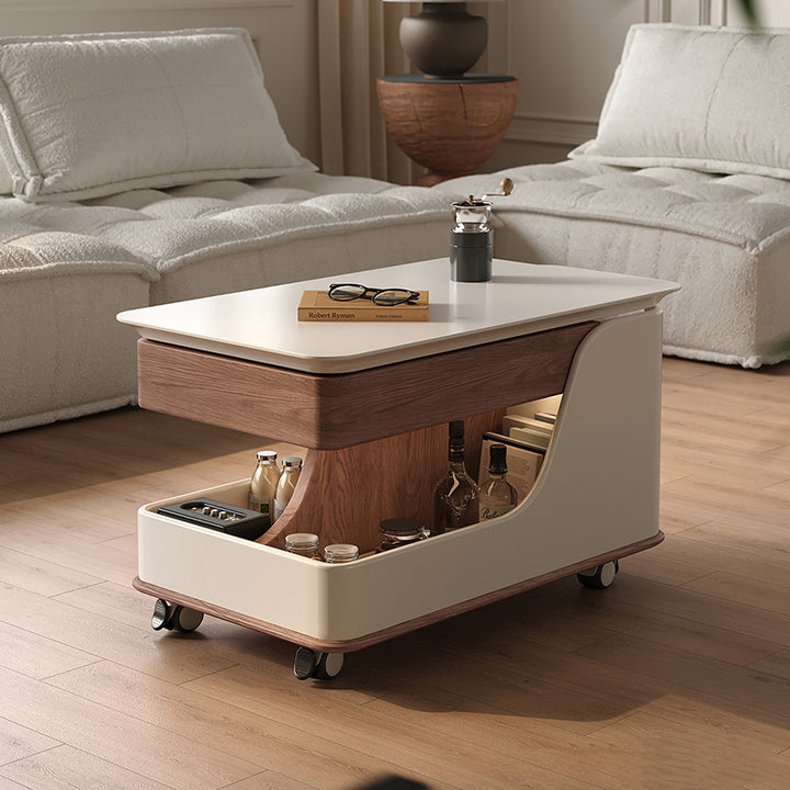 Table basse rectangulaire courbée à 3 niveaux avec plateau relevable, en pierre frittée contemporaine, verre, bois d'ingénierie et métal, pour salon 