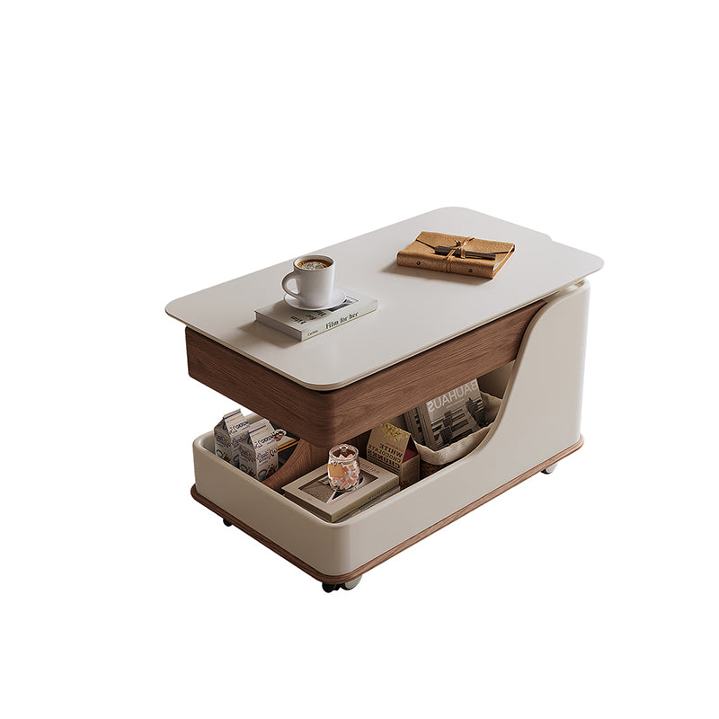 Table basse rectangulaire courbée à 3 niveaux avec plateau relevable, en pierre frittée contemporaine, verre, bois d&